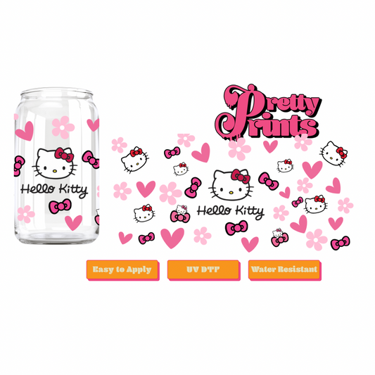Kitty Pink Heart & Flowers UVDTF Libbey Wrap 16oz